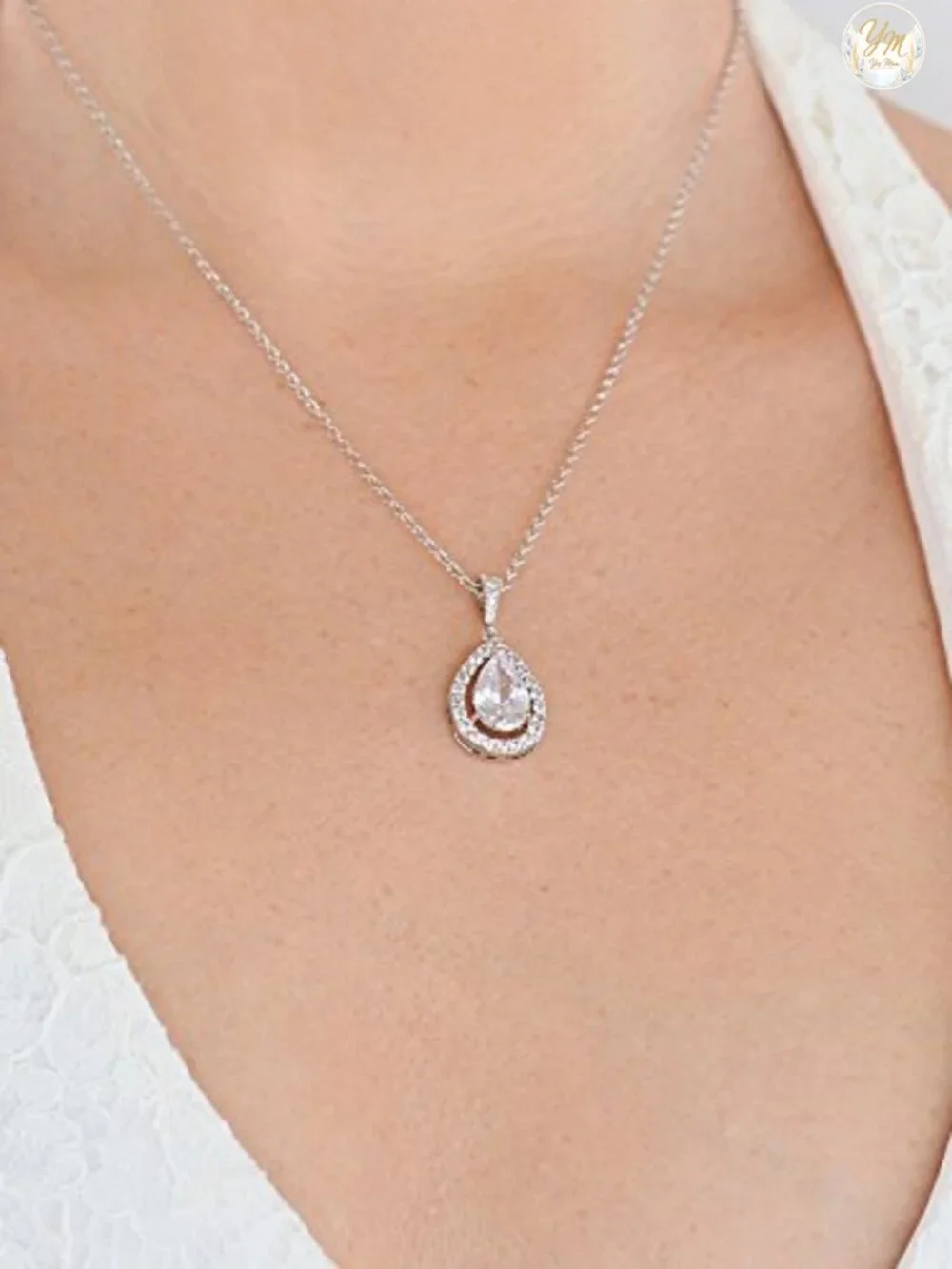 Teardrop Cubic Zirconia Pendant Necklace, Statement Jewelry for Wedding